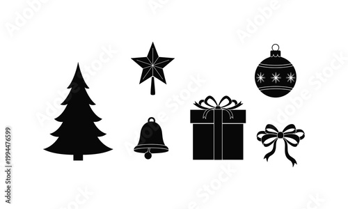 Christmas holiday decoration gift silhouette vector illustration line art set on white.