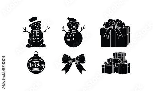 Christmas presents snowman and bauble vector silhouette illustration.