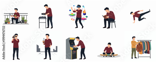 Flat Illustration Set of Young Man Enjoying Various Hobbies and Leisure Activities Lifestyle Collection
