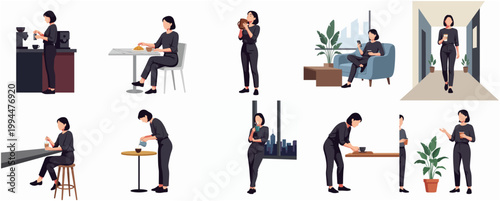 Flat Modern Character Design Woman Enjoying Coffee, Working, and Relaxing Lifestyle Illustration Collection