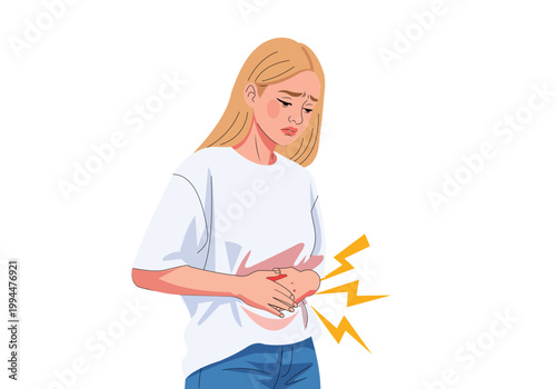 Young woman suffering from stomach pain and abdominal discomfort