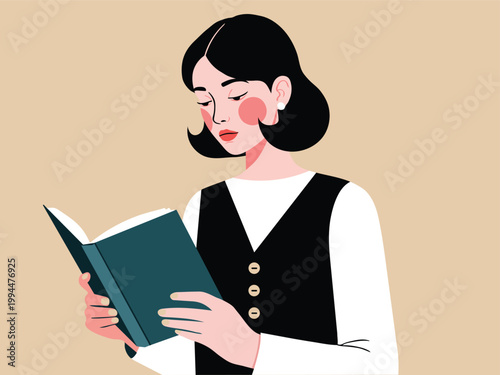 A young woman with short black hair wearing a black vest over a white shirt, reading a dark green book