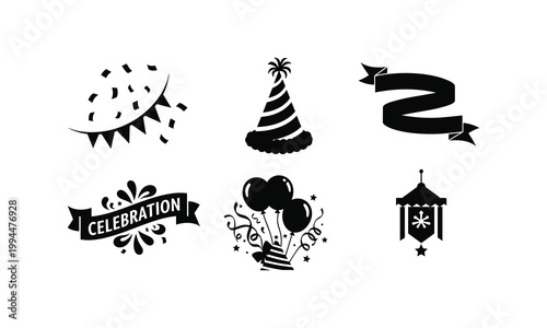 Party celebration festive event element silhouette vector illustration line art set.