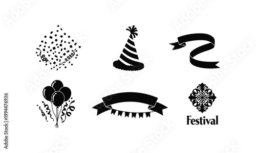 Party celebration vector elements including balloons ribbons and festival hat silhouette art.