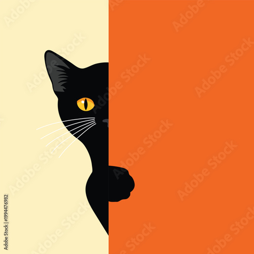 A black cat peeking from behind a bright orange wall against a light beige background
