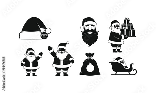 Santa Claus figures and gifts vector silhouette illustration.