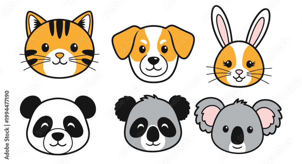 Fototapeta premium Cartoon animal heads cat dog bunny panda koala collection illustration