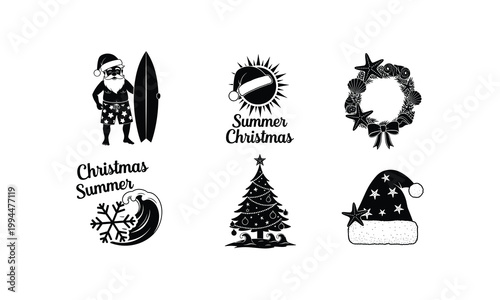 Summer christmas holiday silhouette vector illustration line art set on white background.