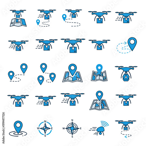 Drone Delivery Service Icons: Navigation, Maps, Packages, and Logistics