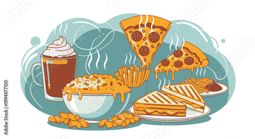 Assorted food items pizza fries sandwich and beverage illustration