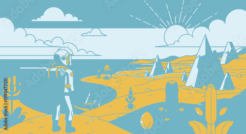 Astronaut explores alien landscape with sunrise vector illustration