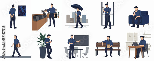 Modern Flat Minimalist Illustration Set of Man Performing Various Daily Life Activities and Business Tasks
