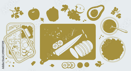 Culinary composition fresh produce and prepared dishes on a cutting board