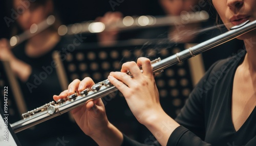 Professional musician playing silver transverse flute during orchestral performance with soft stage lighting and blurry background musicians