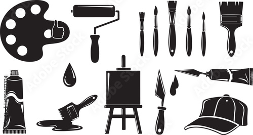 Black and white painting tools and supplies
