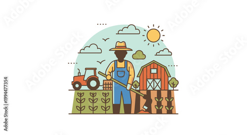 Farmer tending crops with a tractor and barn in a colorful illustration