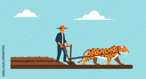 Man plowing field with jaguar in cartoon style illustration on blue background