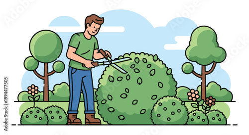 Man pruning bush in garden illustration outdoors with trees and sky