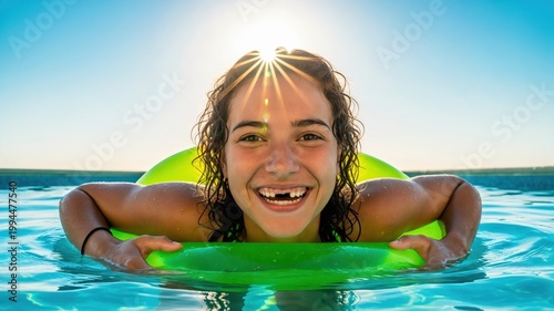 Happy Young Girl Swimming in Pool with Inflatable Float During Sunny Day