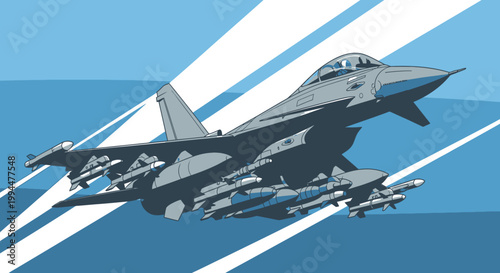 Modern jet fighter in flight against blue background vector illustration