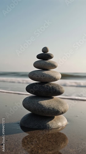 A concept of balance represented by a stack of stones on a tranquil beach, harmony, stability, equilibrium, peaceful, zen
