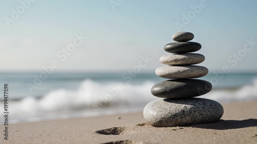 A concept of balance represented by a stack of stones on a tranquil beach, harmony, stability, equilibrium, peaceful, zen