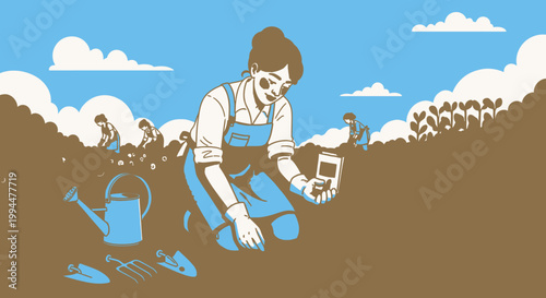 Woman planting seeds in a garden illustration under a blue sky background