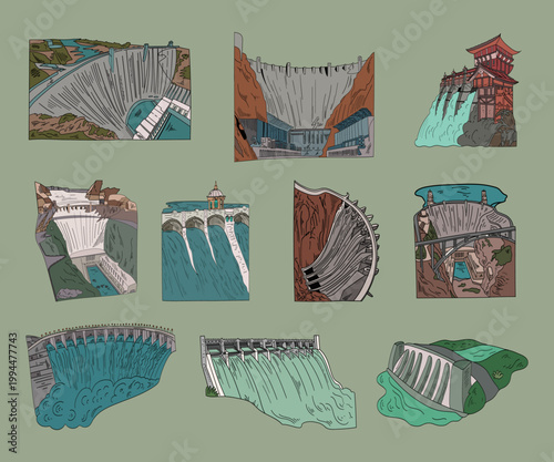 Cartoon Dam and Hydroelectric Power Plant Set with Water Flow Illustrations