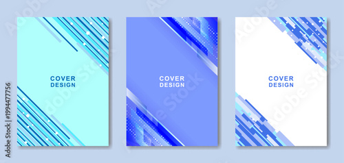 斜めの図形で組み合わせた幾何学模様の表紙のテンプレートのセット