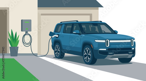 Modern blue electric suv vehicle plugged into a smart charging station connected to a residential garage showcasing sustainable energy and future transportation technology