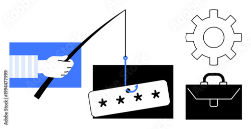 Cybersecurity, phishing, online fraud prevention, identity theft, digital safety, IT systems. A hand holding a phishing hook with password and icons of gear and briefcase. Cybersecurity and phishing