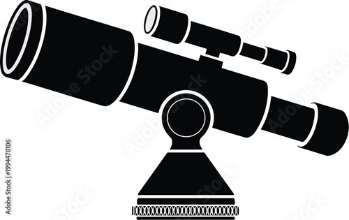 Black Silhouette of a Reflecting Telescope on a Tripod Mount, Isolated on White Background: Scientific Exploration, Astronomy Observation, Star Gazing, Discovering Cosmos, Celestial Research, Educatio