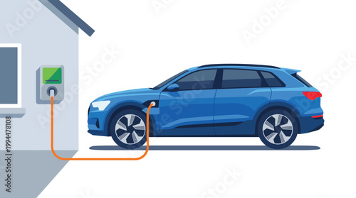 Modern blue electric suv vehicle connected to a wall mounted charging station at a contemporary house showcasing sustainable energy and future transportation technology