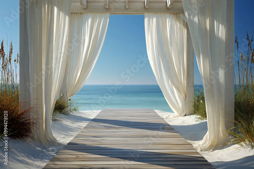 Serene beach wedding backdrop, white voile curtains, pergola, wooden boardwalk, sea oats, and ocean horizon.