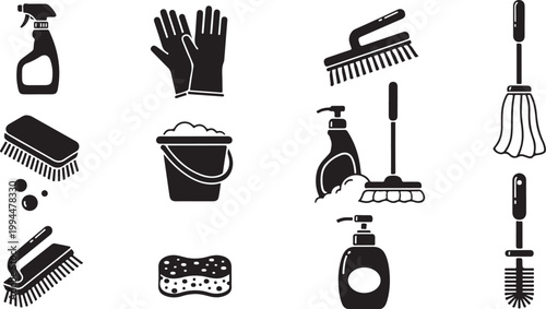 Cleaning Supplies and Tools Icon Set Vector Graphics