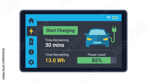 Digital display screen of an electric vehicle charging station showing real time charging status with battery level power consumption and estimated charging time remaining