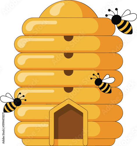 Charming cartoon illustration of a traditional yellow beehive, a symbol of nature's industry and sweetness, with three adorable bees buzzing around the entrance and on top. This vibrant visual represe