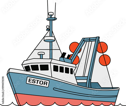 Fishing trawler named 'ESTOR' sailing on blue wavy water, detailed illustration of a commercial boat used for deep sea fishing, orange buoys and davits, bright ocean scene for maritime industry concep