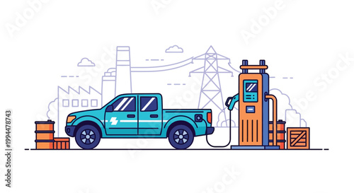Modern electric pickup truck refueling at a charging station with industrial factory and power lines in the background symbolizing sustainable energy and transportation evolution