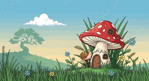 A cartoon mushroom with a door.