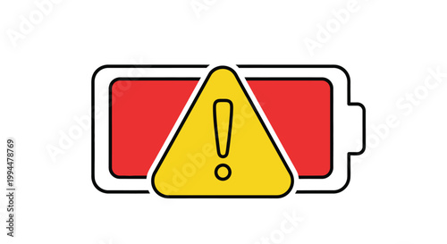 Low battery warning icon with exclamation mark in yellow triangle on red battery symbol indicating energy depletion and need for charging clean white background digital graphic