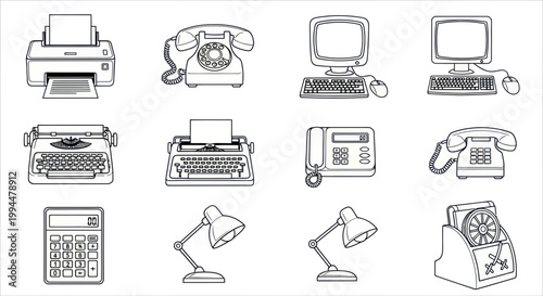 Vintage Office Technology Icons Collection: Printer, Typewriter, Phones, Computer, Calculator