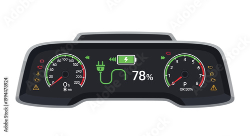 Modern electric vehicle digital dashboard displaying battery charge at 78 with charging plug icon and gauges for speed and engine rpm isolated on white background futuristic
