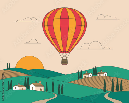 Sunrise hot air balloon adventure over rolling Tuscan hills at golden hour, showcasing charming Italian farmhouses and vineyards, symbolizing travel exploration, serene vacations, rural escape with ro