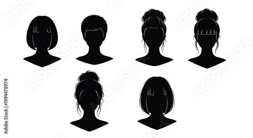A collection of six black silhouette portraits showcasing diverse short and medium length women s hairstyles