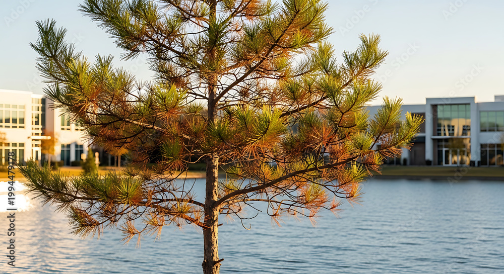 Obraz premium Small evergreen tree with green and brown needles in the foreground, calm water and modern buildings in background during golden hour, peaceful landscape