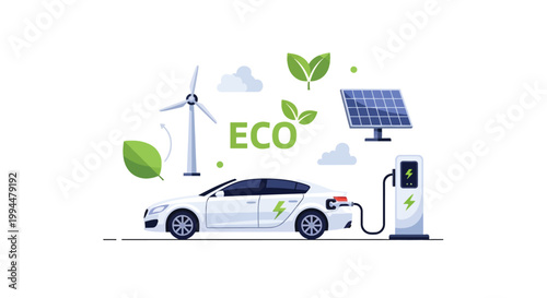 Modern electric car charging at a renewable energy station powered by solar panels and wind turbines symbolizing eco friendly transportation and sustainable future