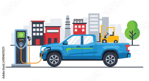Electric pickup truck charging at a modern urban station with a forklift in the bed representing sustainable transportation and industrial logistics in a clean city environment
