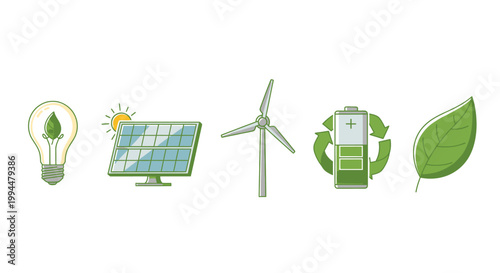 Clean energy sources solar panel wind turbine and battery icons