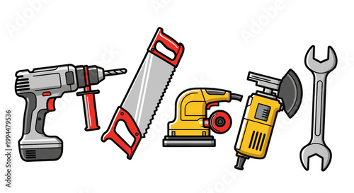 Collection of hand tools drill saw sander grinder and wrench isolated